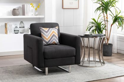 Victoria 33.5" Dark Gray Linen Fabric Armchair with Metal Legs, Side Pockets, and Pillow