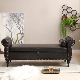 63" PU Upholstered End of Bed Bench Flip Top Entryway Ottoman with Safety Hinge Storage Rectangular Sofa Stool Buttons Tufted Nailhead Trimmed Solid W