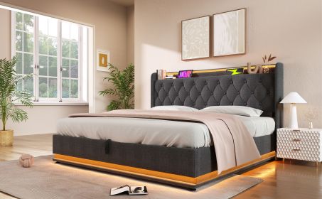 King size Upholstered bed, 360 surround LED function, Buttons/Apps/Remote Control, hydraulic storage bed with USB Type-C charging, Gray