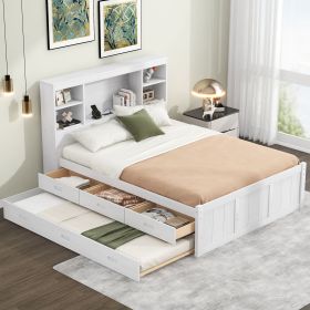 Full Size Platform Bed with Storage Headboard, Charging Station, Twin Size Trundle and 3 Drawers, Antique White