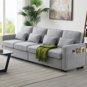 [VIDEO provided] [New] 104" 4-Seater Modern Linen Fabric Sofa with Armrest Pockets and 4 Pillows,Minimalist Style Couch for Living Room, Apartment