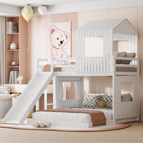 Wooden Twin Over Full Bunk Bed, Loft Bed with Playhouse, Farmhouse, Ladder, Slide and Guardrails, White(OLD SKU :LT000028AAK)