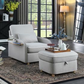 Huckleberry 36.5" Light Gray Linen Accent Chair with Storage Ottoman and Folding Side Table