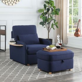 Huckleberry Blue Linen Accent Chair with Storage Ottoman and Folding Side Table