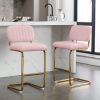 Mid-Century Modern Counter Height Bar Stools for Kitchen Set of 2, Armless Bar Chairs with Gold Metal Chrome Base for Dining Room, Upholstered Boucle