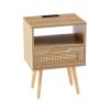 Rattan End table with Power Outlet & USB Ports ; Modern nightstand with drawer and solid wood legs; side table for living roon; bedroom; natural