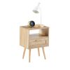 Rattan End table with Power Outlet & USB Ports ; Modern nightstand with drawer and solid wood legs; side table for living roon; bedroom; natural