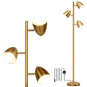 Black Tree Standing Floor Lamp Metal 3 Color Temperature Reading LED Bulb Light 360 Degree Adjustable Individual Separate Switch Living Room Bedroom O (Color: Gold)